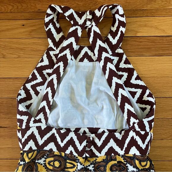 Milly Brown Yellow Tribal Print Y2K Vintage Cotton Halter Cocktail Dress 6 - Picture 10 of 12